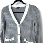 Adrianna Papell Grey Ribbed Cable Knit V-Neck Gold Button Sweater Cardigan Small Photo 4