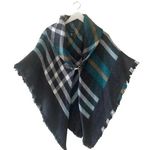 Modena Women Turtle Neck Knit Fringe Plaid Poncho Cape Soft Shawl One Size Blue Photo 0