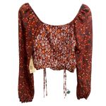 Madden NYC Floral Crop Top Long Chiffon Type Sleeves Ruched Smocked Tie Size L Orange Photo 3