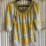 Cache Cheetah Y2k Baby Blue Gold 100% Silk 2000s Ornate Smocked Blouse Top Large Photo 0