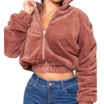 Symphony  Plush Cropped Puffy Bomber Jacket Mauve Pink Size Large NWT Photo 3