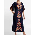 Frances‎ Valentine Navy Charming Caftan Poppy Embroidered Maxi Dress Photo 2