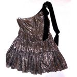 Geisha Designs Sequin One Shoulder Black Velvet Bow Mini cocktail party Dress Silver Size 14 Photo 2