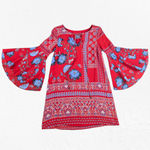 Anthropologie Vanessa Virginia Boho Bell Sleeve Mini Dress Red Blue Floral 100% Silk Size XS Photo 1