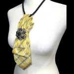“Dainty Dapper” Yellow Plaid Necktie necklace with Black Beaded Brooch Photo 3