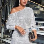 SheIn Elegant Silver Sequin Off-Shoulder Dress Photo 0