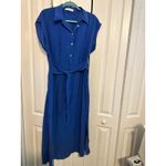 Mango MNG  Women's Blue Midi‎ Dress with Belt Cap Sleeves Size L Photo 1