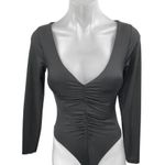 ZARA  Black Long Sleeve Deep V Neck Ruched T Shirt Blouse Bodysuit Top Size S Photo 0