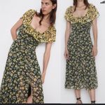 ZARA  floral ruffle yellow slit front midi dress size medium blogger spring‎ Photo 1