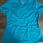 HH WORKS by Healing Hands Teal Scrub Top Short Sleeve Med "Cheers Healing Angel" Blue Photo 0