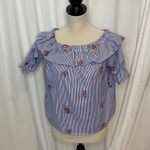 Active USA 52  Cold Shoulder Blue White Stripe Ruffle Floral Top Size Medium Photo 0