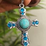 Stunning Y2K Blue silver tone crystal jewel cross pendant necklace #whimsygoth #gothic #fairycore #grunge Photo 0