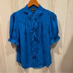 Worthington Cute aquamarine floral outlines ruffle puff sleeve button front blouse office Photo 5
