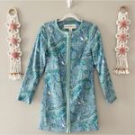 Doncaster  Cotton Long Jacket Spring Summer Blue Green Full Zip Paisley Print Photo 1