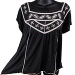 Free People Embroidered Boho Short Sleeve Muse Black Top Linen Blend Women’s S Photo 1