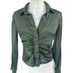 ZARA  Green Silky Satin Long Sleeve Ruched Collar Button Down Blouse Shirt Top S Photo 0