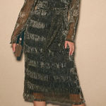 Lulus  Gold Metallic Pleated Long Sleeve Midi Dress Party Cocktail Occasion S fun Photo 0