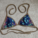 Aerie  Blue Floral Bikini Top With Gold Trim. Size Large Photo 0