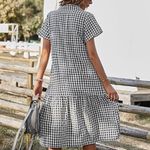 Black White Gingham Plaid Check Midi Button Down Tiered Dress XL Photo 1