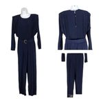 Vintage 80's Navy belted Jumpsuit batwing sleeves shoulder pads size X Small Blue Photo 2