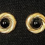 Onyx 14k Gold Swirl Button and Cabochon Stud Vintage Earrings Photo 0