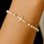 Gold and Pearl Bracelet/Anklet with Cross Charm Photo 1