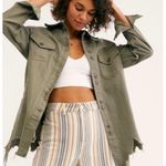 Free People  Moonchild Shirt Jacket Shacket Denim Utility Distressed Olive Green Photo 0