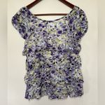 AB Studio  Purple Green Floral Short Sleeve Lace Ruffle Top Size‎ Women's Large Photo 3