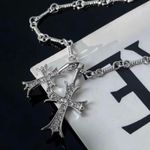 CZ Double Cross Pendant Necklace for Men Women Unisex Hip Hop Style Silver Photo 1