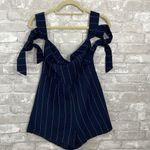 J.O.A. Sunny Sensation Navy Blue Striped Off-the-Shoulder Romper Photo 1
