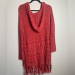 Free People Women Size Medium Santa Rosa Red Hooded Fringe Hem Crochet Sweater Photo 5