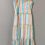 Aakaa NWT pastel rainbow smocked ruffle tiered shoulder tie midi dress Sz Large Photo 4