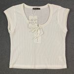 Hesperus  Lace-Up Crop Top Blouse Ribbed Knit Short Sleeve Casual‎ White Sz L NWT Photo 3