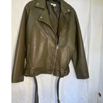 Topshop  Olive Green Faux Leather Moto Biker Jacket Belted Size M Photo 0