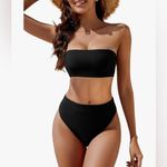 YACUN Women's High Waisted Bikini Swimsuit Strapless Bandeau Cheeky Black M NWT Size M Photo 7