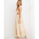 Aerie Striped Halter Maxi Dress Cutout Sides Smocked Back Tiered Summer Boho M Photo 3