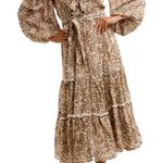 Spell & The Gypsy Leopard Print button detail ruffledAda Gown Size XSmall Boho Tan Photo 0