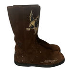 Ed Hardy VTG  Montana Brown Suede Boots Y2K Eagle Studded Mid Calf  Embroidered Photo 0