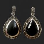Onyx Vintage Marcasite Sterling Silver Tear Drop Shaped Earrings Photo 1