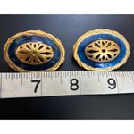Vtg Avon 1980's Clip On Earrings Navy Blue Enamel Cut Out Oval‎ Satin Gold Tone Photo 1