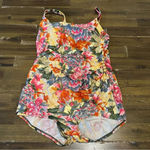 Beach Bay Vintage Floral One Piece Bikini Gold Faux Wrap Skirt 10 Retro Pin Up Photo 1