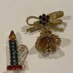 Lot Of 2 Gold Tone Pin Brooch Christmas Holiday Prong Set Rhinestone Photo 2