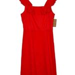 New Cremieux Dress Womens 4 Midi Smocked Back Ruffle Shoulder Summer Red Coastal Photo 15