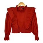 ZARA  Ruffle Poplin Blouse Smocked Cropped Top Rust Orange Women Size‎ Small NWT Photo 2