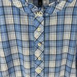 Talbots Blue Checkered Plaid Cotton Casual Ruffle Neck Long Sleeve Popover Shirt Photo 3