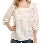 CHAPS Square Neck Striped Peasant Blouse Cotton Linen Blend Women’s Size Medium Photo 1