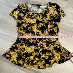 Forever 21  Gold Yellow Black Paisley Short Sleeve Peplum Top- Size Medium Photo 4
