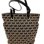 Michael Kors Jet Set Large Tote Bag Tan/Black Monogram Jacquard Leather Photo 0