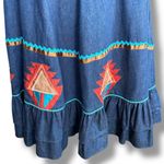 Vintage Handmade Southwest Denim Skirt Tiered Ruffle Hem Abstract Art Appliqué Blue Size L Photo 2