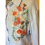 Tassels N Lace  Women Blue Striped Long Sleeve Blouse Floral Embroidered Size Med Photo 2